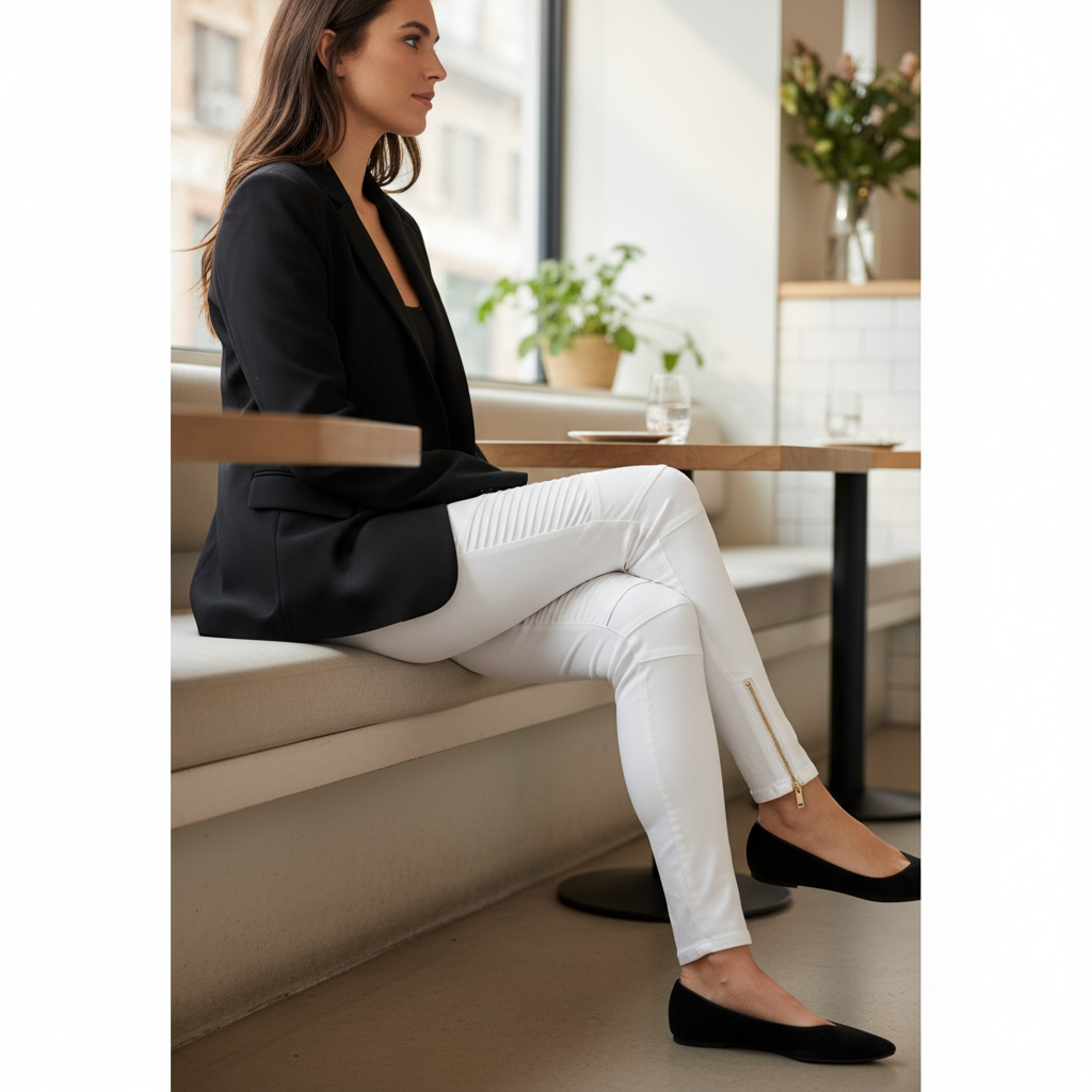 Women's white moto leggings with gold ankle zippers in a brunch café seated styling