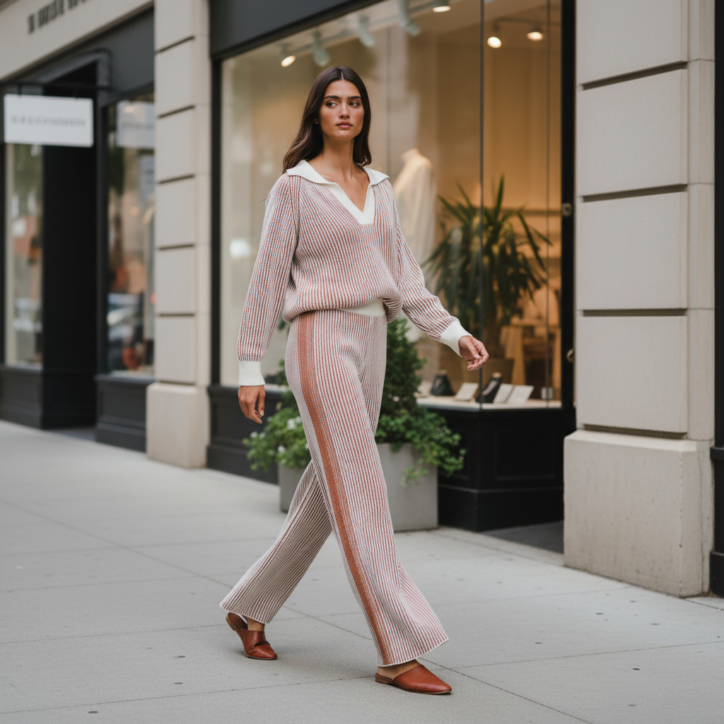 Women's BiBi two-tone ribbed knit matching set with collared sweater and wide leg pants on a boutique sidewalk