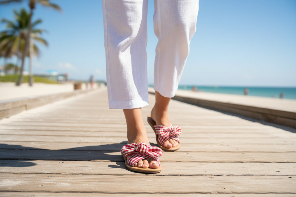 Woman wearing red gingham bow sandals walking on beach boardwalk in summer outfit