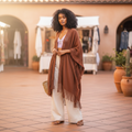 Women's brown fringe ruana wrap styled with wide-leg trousers, open-knit batwing cardigan – BellanBlue