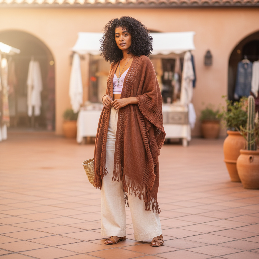 Women's brown fringe ruana wrap styled with wide-leg trousers, open-knit batwing cardigan – BellanBlue