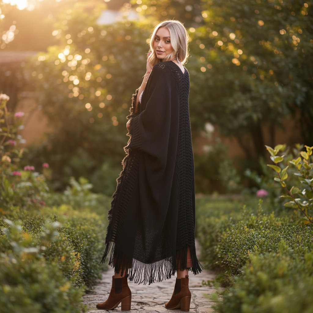 Women's black open-knit ruana wrap with fringe trim, boho editorial styling, floor-length silhouette