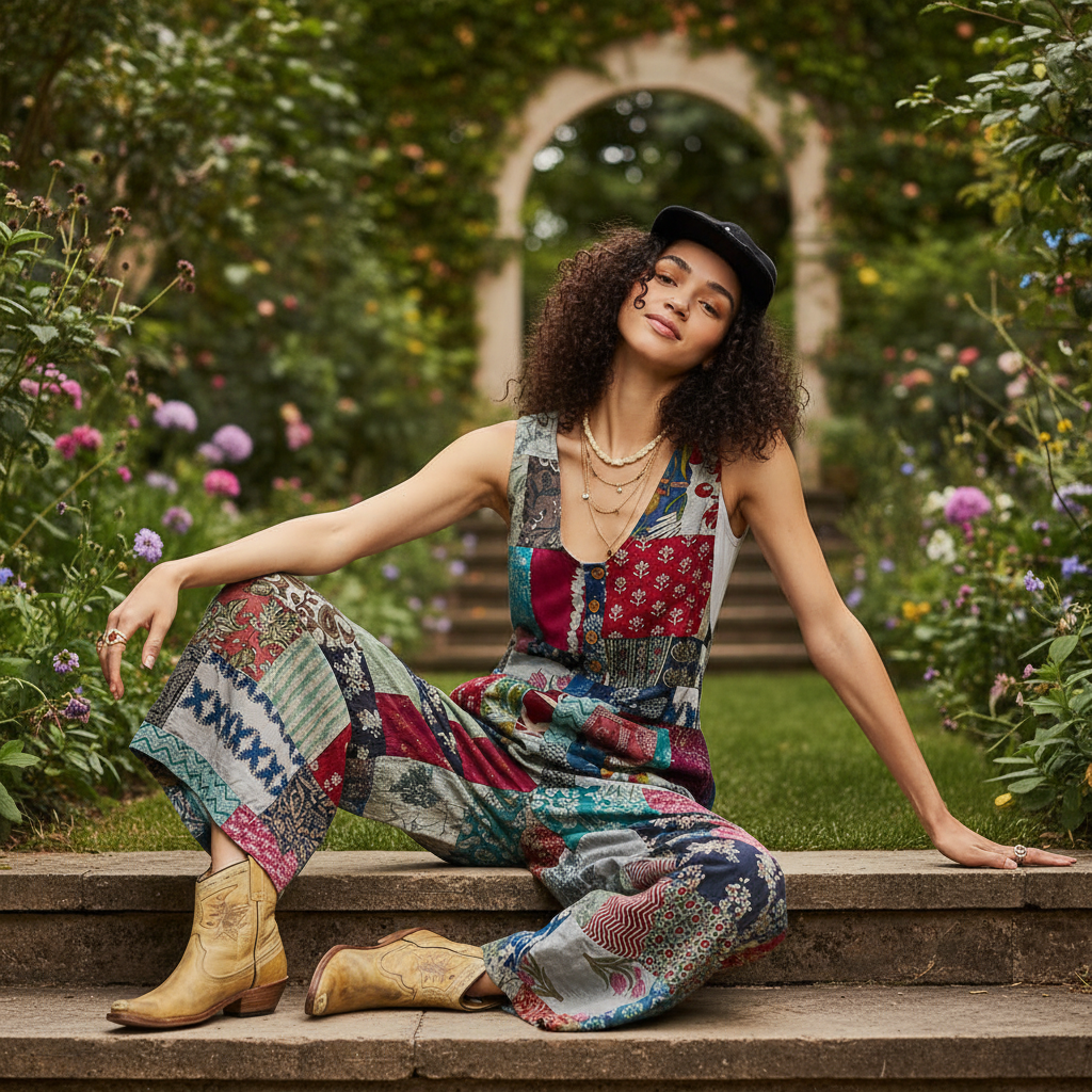 Women's boho patchwork jumpsuit seated drape wide leg sleeveless relaxed fit