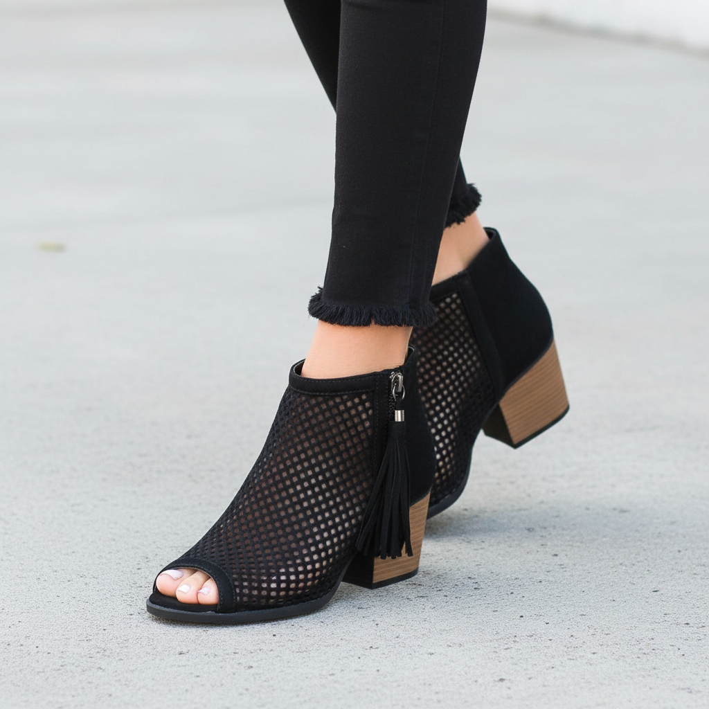 Women's black perforated mesh peep-toe booties with fringe tassel zipper and block heel on concrete surface