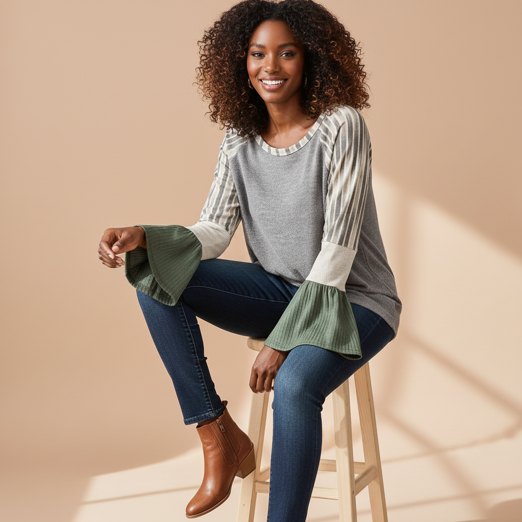 Women's heather grey mixed fabric top, olive ruffle bell cuffs, stripe raglan sleeves, soft knit relaxed drape