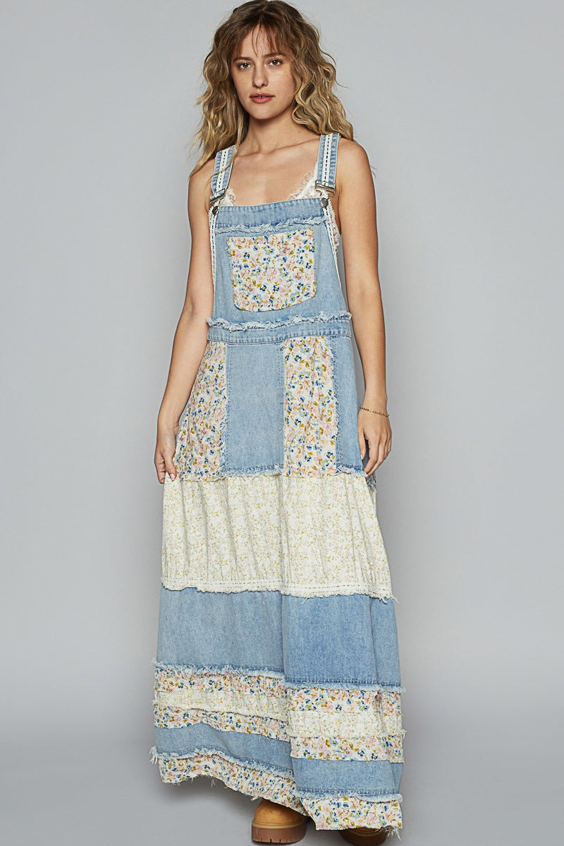 vintage floral denim midi dress with lace trim - women's boutique fashion from Bellanblue