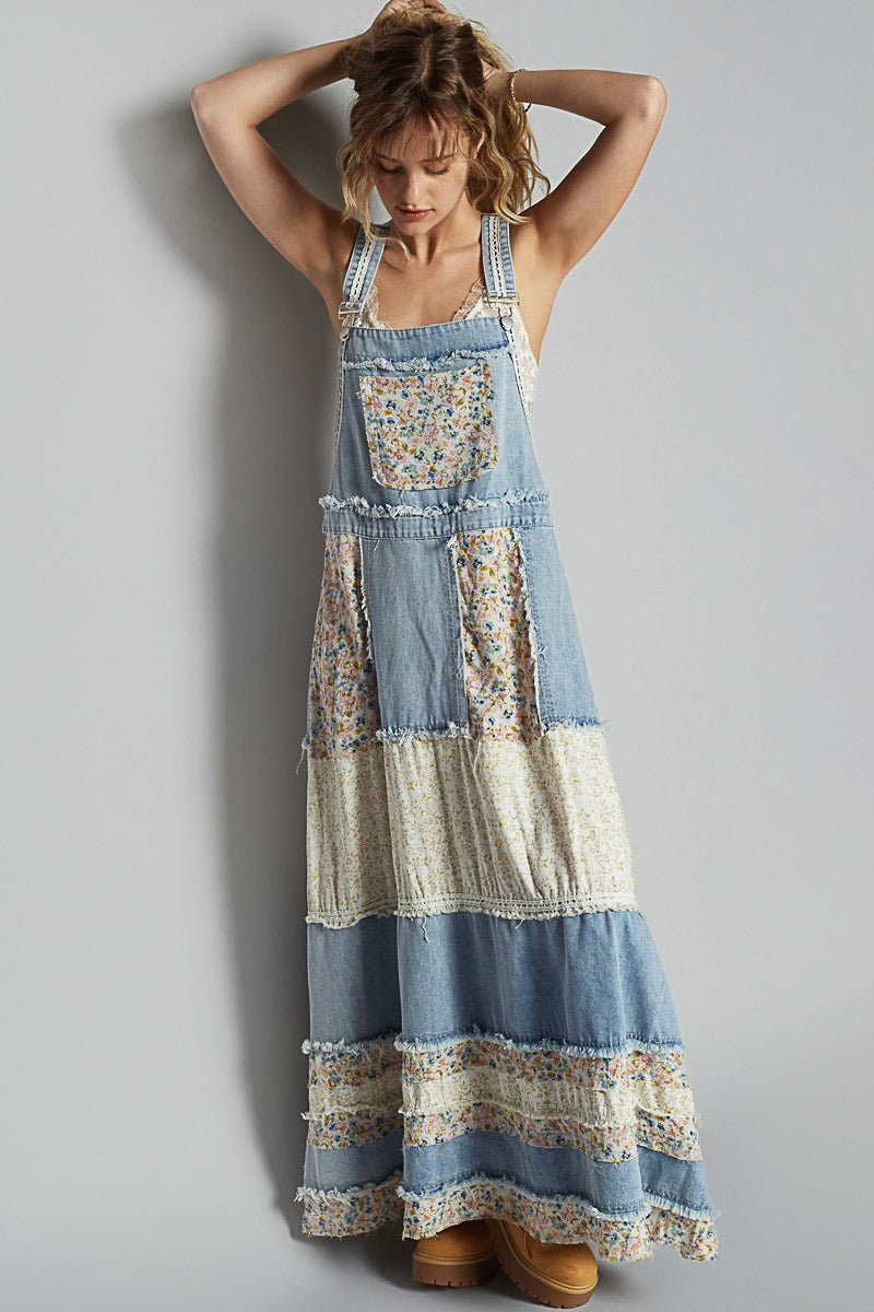 POL Denim Midi Dress Floral Patchwork & Lace Trim | BellanBlue POL Denim Midi Dress Floral Patchwork & Lace Trim | BellanBlue
