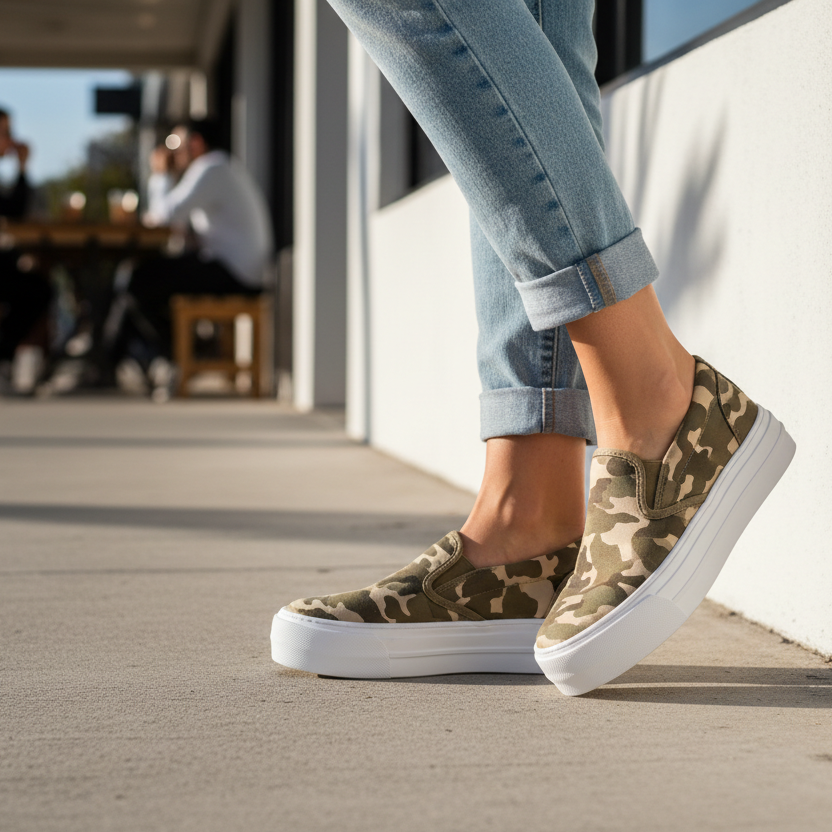 Camouflage slip-on shoes worn with rolled-up jeans on a sidewalk.