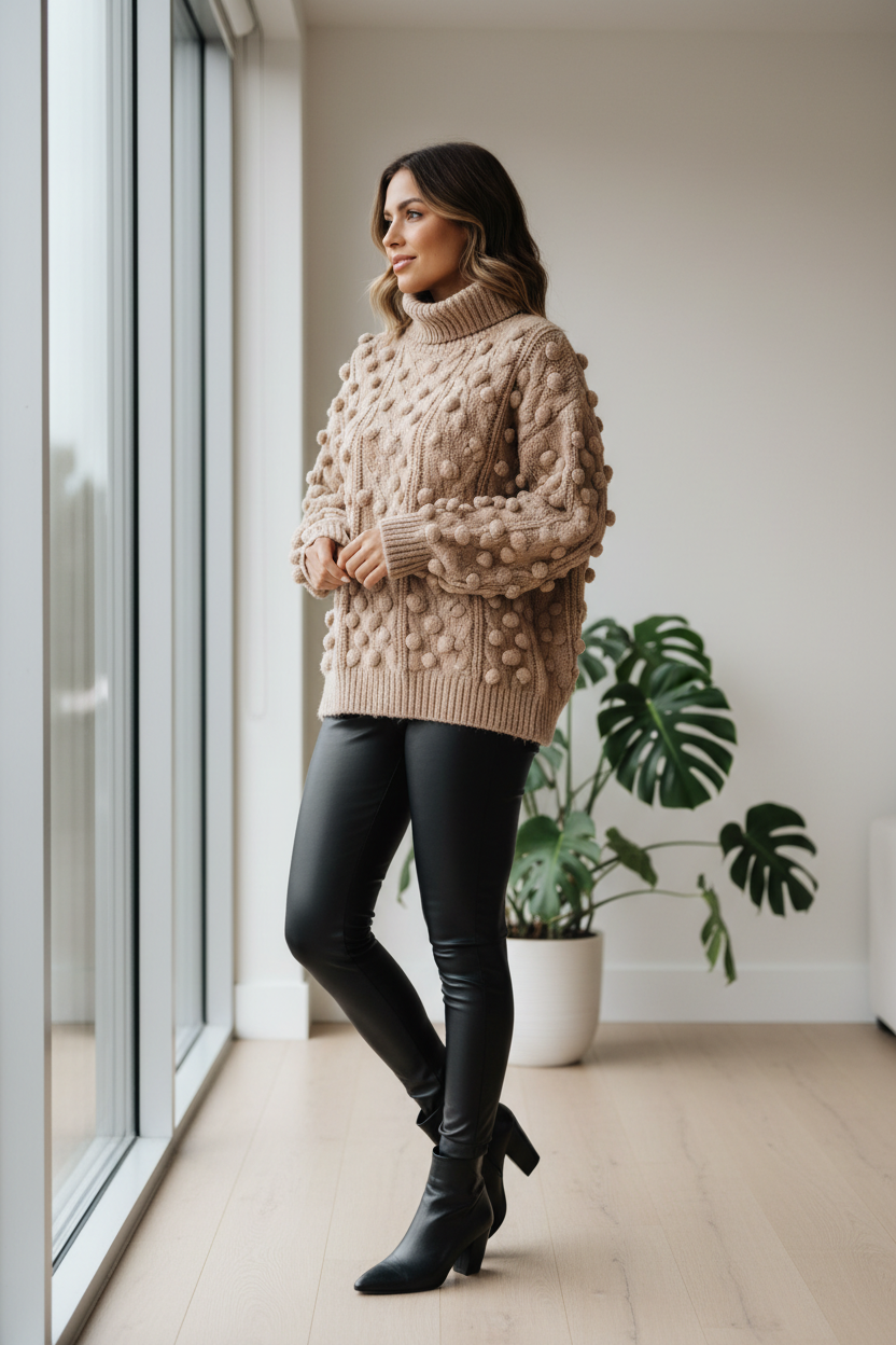 Latte sweater - home interior with bobble details visible