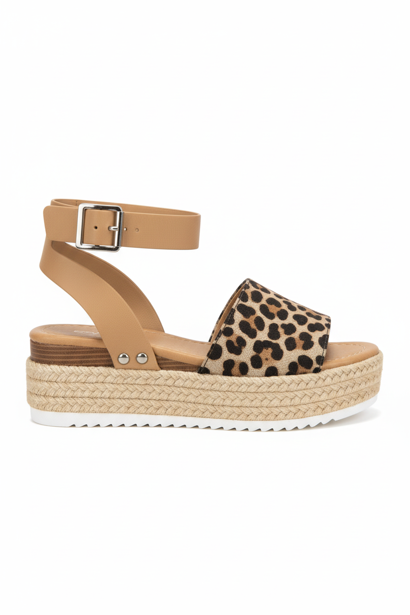 Tan sandal with leopard print toe box on a white background