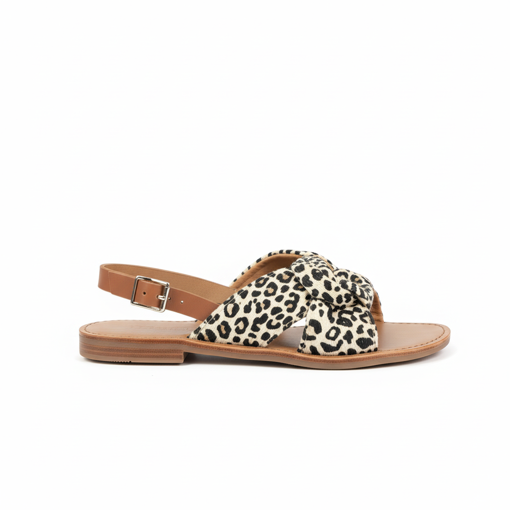 Leopard print sandal with brown ankle strap - right foot side view