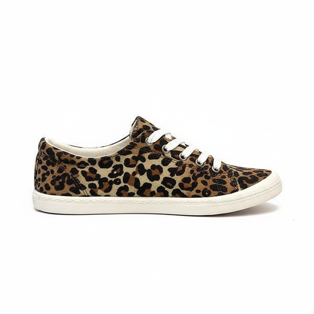Leopard print sneaker with white laces on a white background