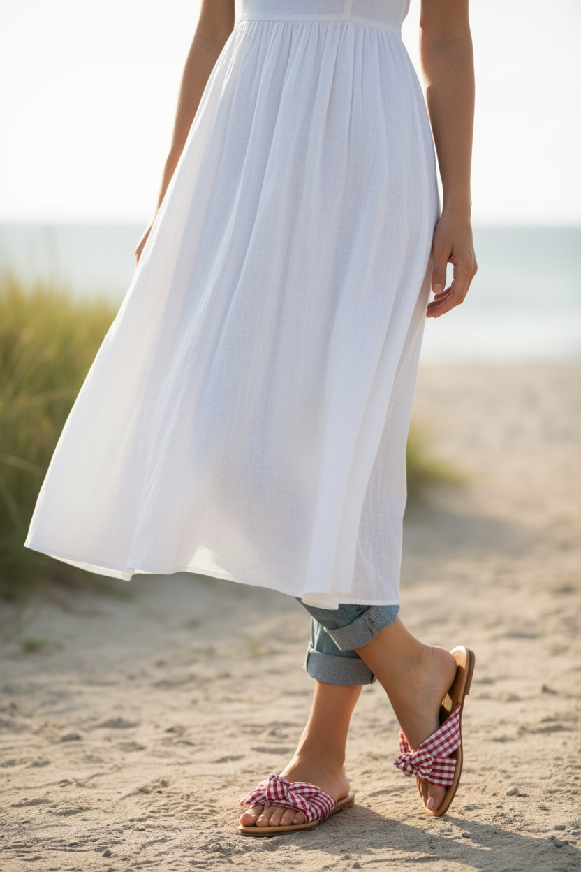 Person wearing a white dress and checkered sandals on a sandy beach.