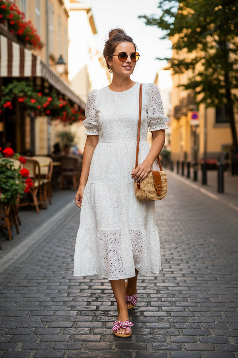 Woman in a white dress walking on a street with cafes and flowers in the background
