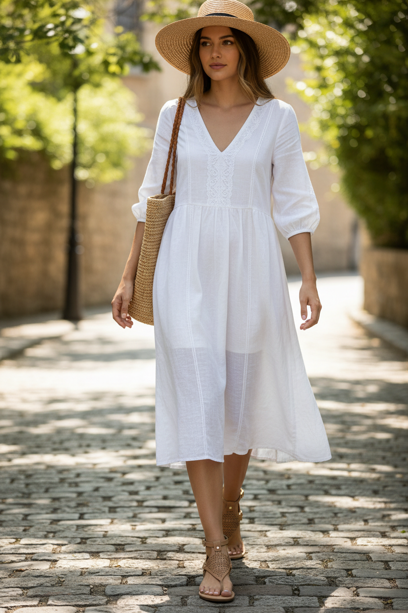Woman in a white dress and straw hat walking on a stone path.