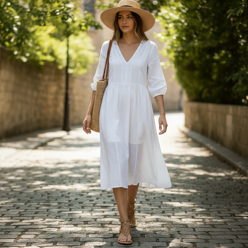 Woman in a white dress and straw hat walking on a stone path.