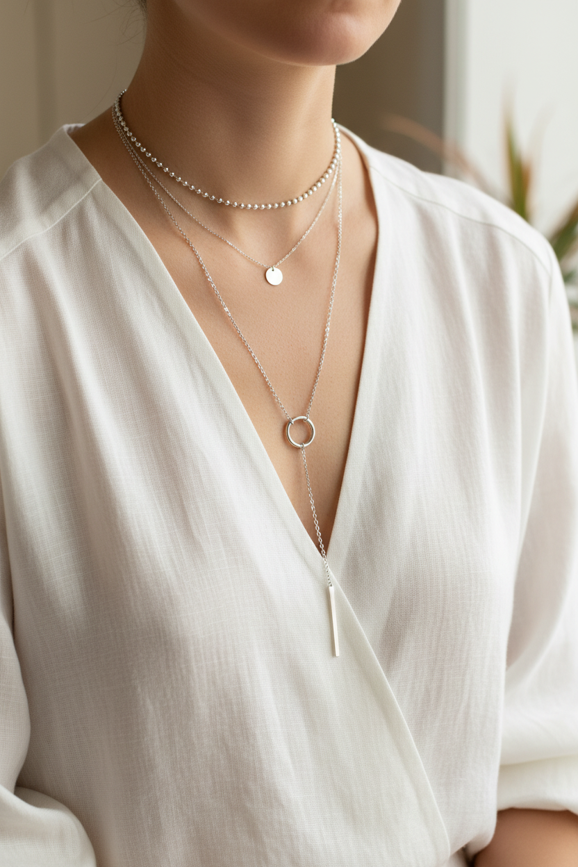 Person wearing multiple necklaces on a plain background