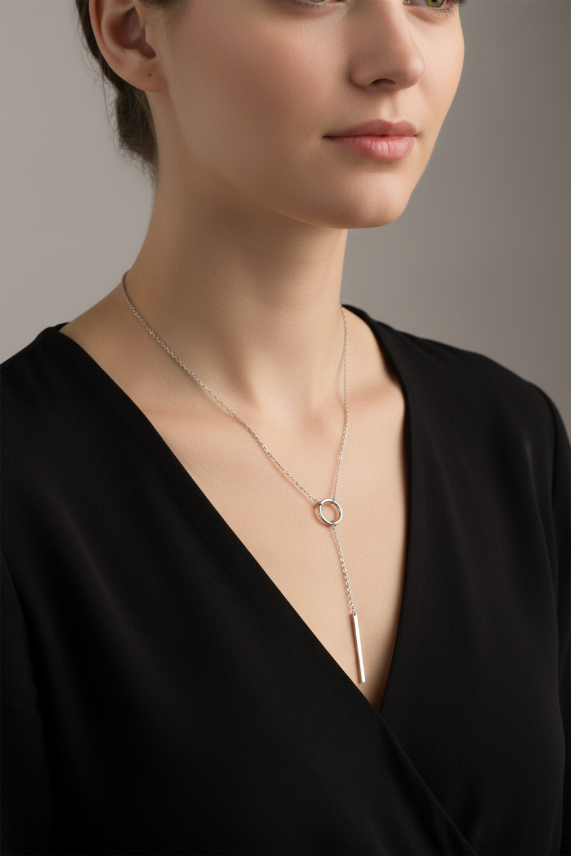 Woman wearing a delicate necklace with a minimalistic pendant against a neutral background