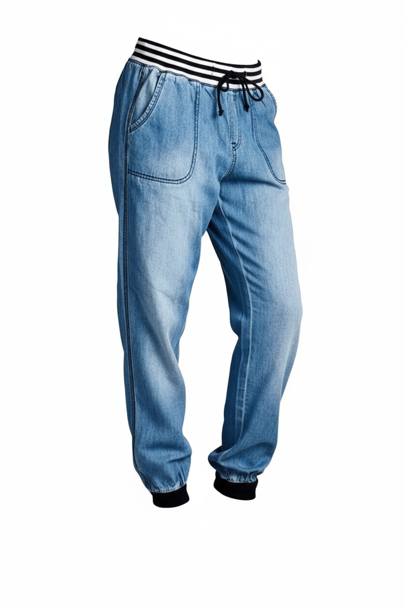 Light blue jeans with a striped waistband on a white background