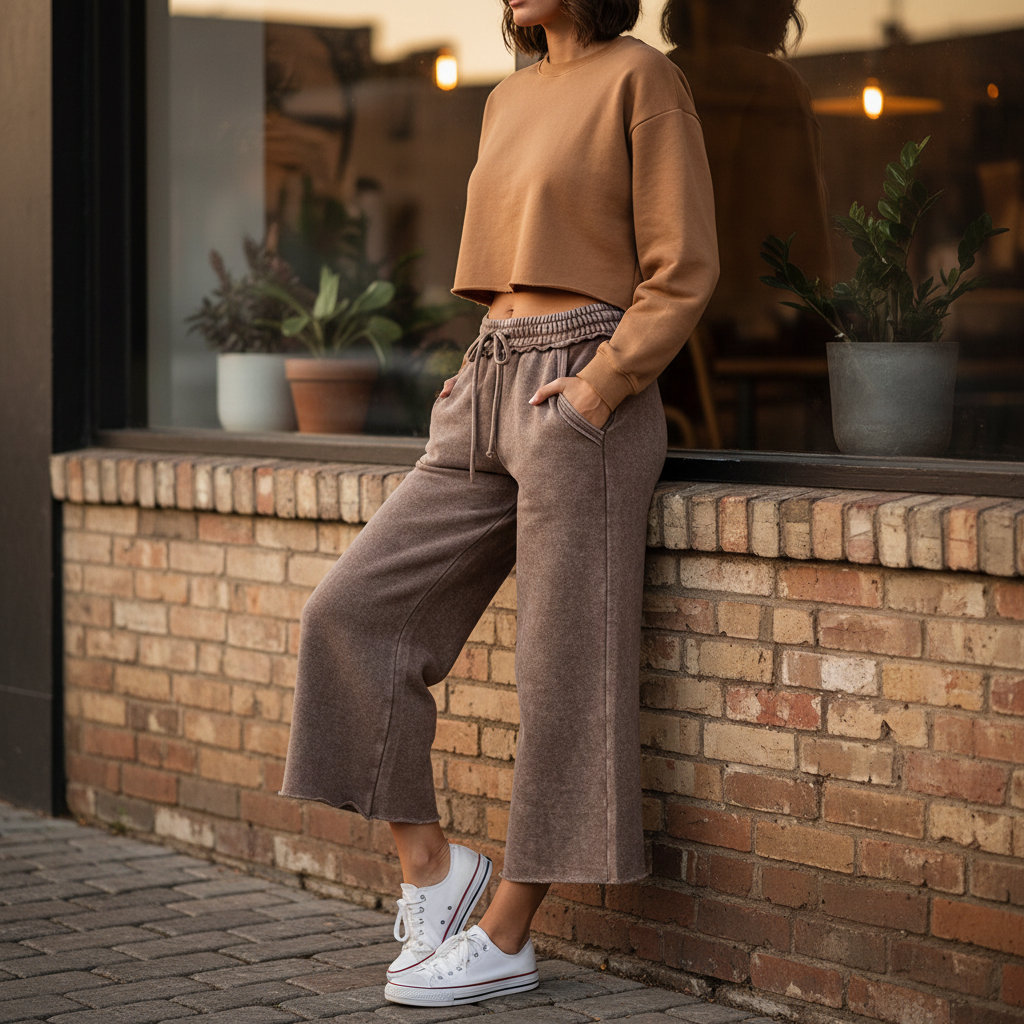 Zenana women's mocha wide-leg fleece pants on model, seated pose, coffee shop exterior
