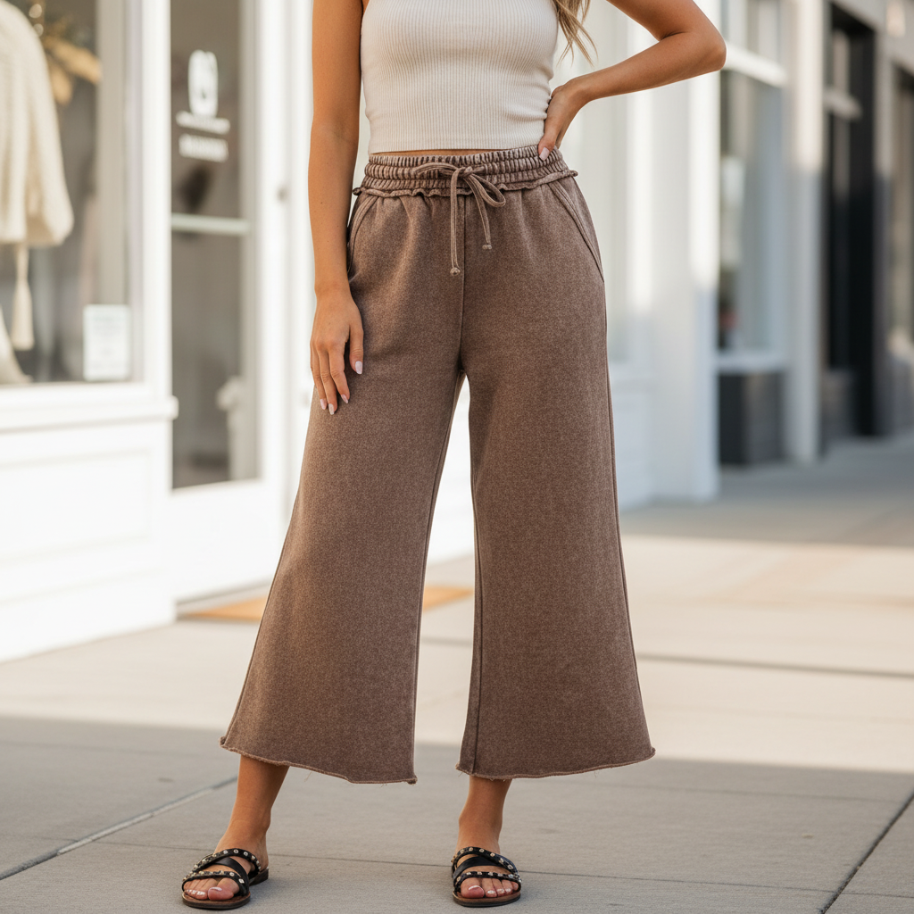Zenana women's mocha wide-leg palazzo pants on model, standing front view, boutique street setting
