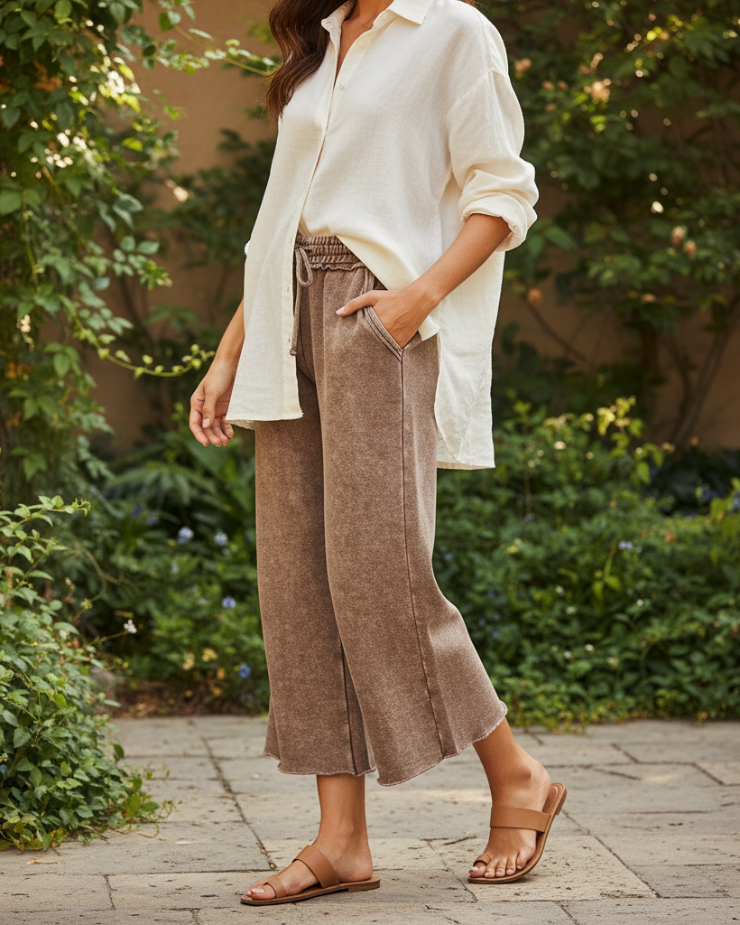 Zenana women's mocha acid wash palazzo pants on model, walking pose, garden patio setting
