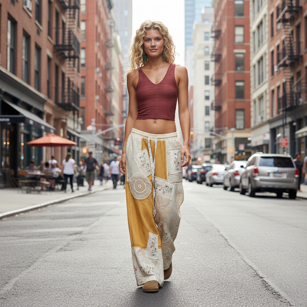 Women's mustard yellow wide-leg patchwork pants relaxed outdoor lifestyle boho casual outfit