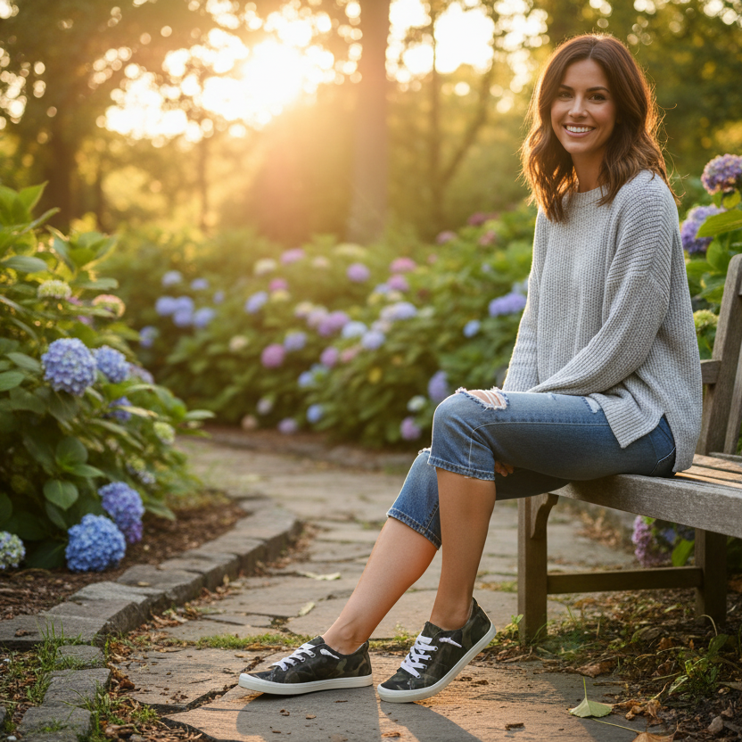 Woman sitting on a bench in a garden with flowers and sunset light