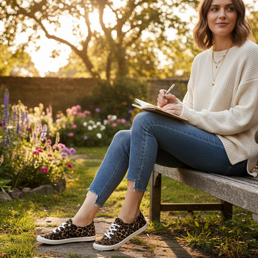 Woman sitting on a bench in a garden, writing in a notebook.