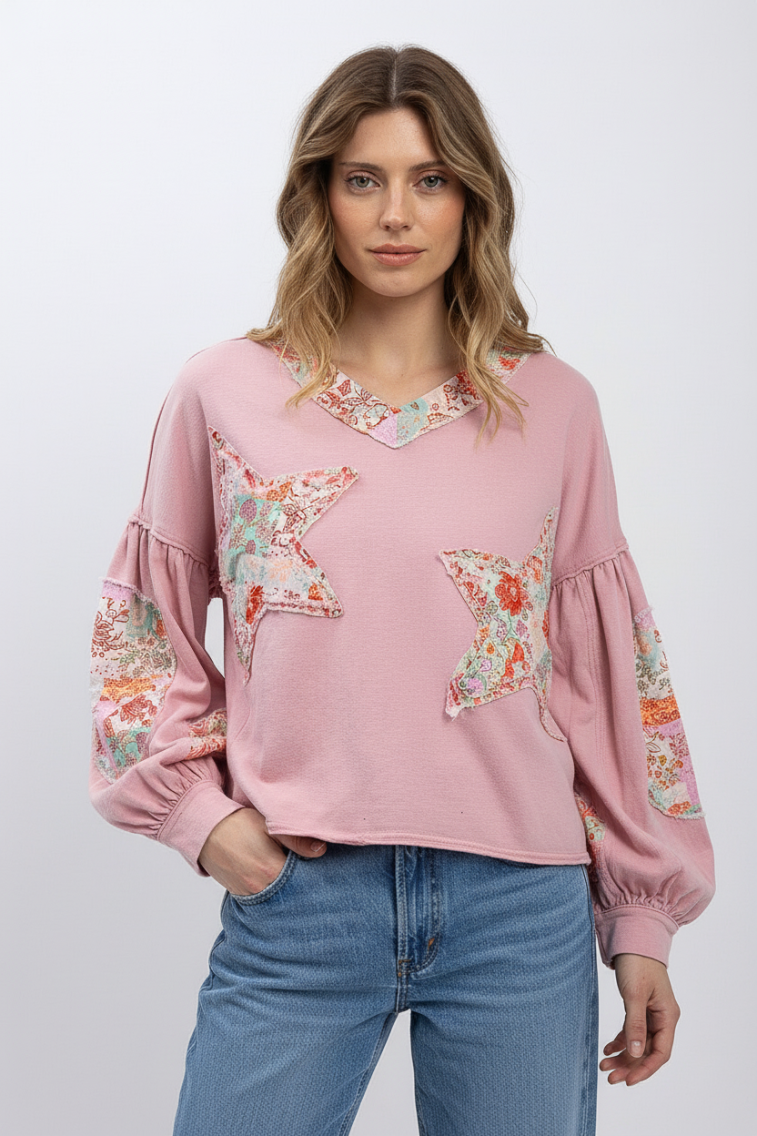 Pink boho patchwork top - front view