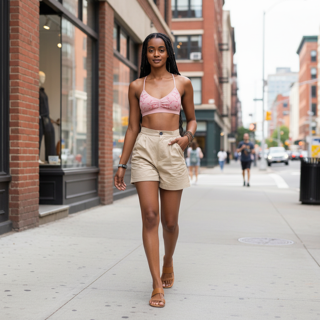 Model wearing Leto Collection pink floral lattice padded bralette top leaning against streetlight