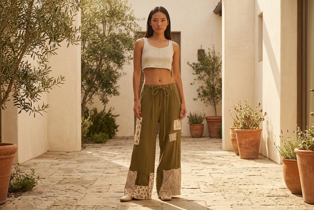 Woman wearing an olive green tie-waist crop top and olive green wide-leg patchwork pants with floral patterned hem panels, styled with neutral slip-on shoes in a sunlit courtyard.