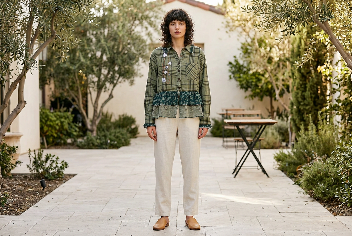 Woman wearing an olive green plaid button-up shirt with floral embroidery and tiered ruffle hems, paired with neutral trousers and tan slip-on shoes in a sunlit courtyard.