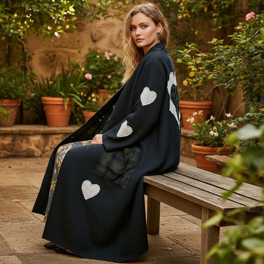 POL Clothing plaid patchwork longline coat with white eyelet lace hearts, seated on garden bench side view
