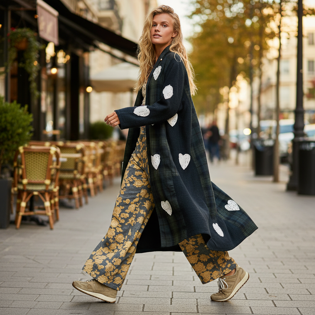 POL Clothing plaid patchwork longline coat with white eyelet lace hearts, walking full-length view on city sidewalk
