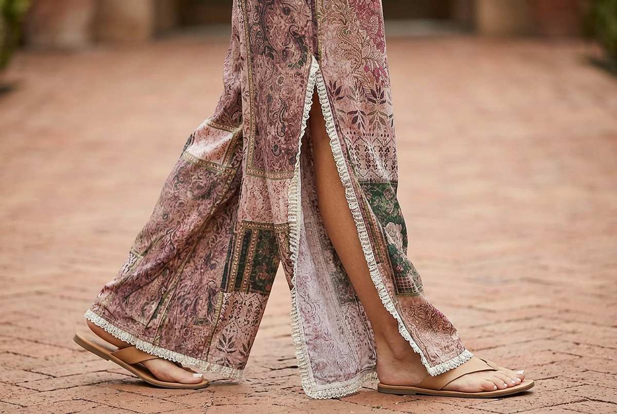 POL Clothing Rose Multi wide-leg pants, detail of a cream lace-trimmed side slit and hem during a step
