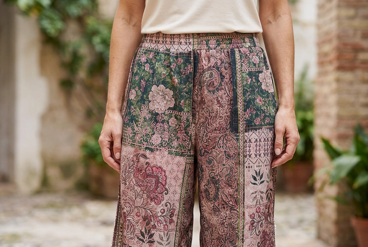 POL Clothing Rose Multi patchwork pants, close-up of dusty pink paisley, green florals and geometric print
