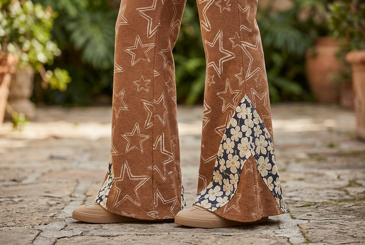 POL Clothing women's rust brown flare pants, close-up of cream outlined stars and contrasting floral lower-leg panels
