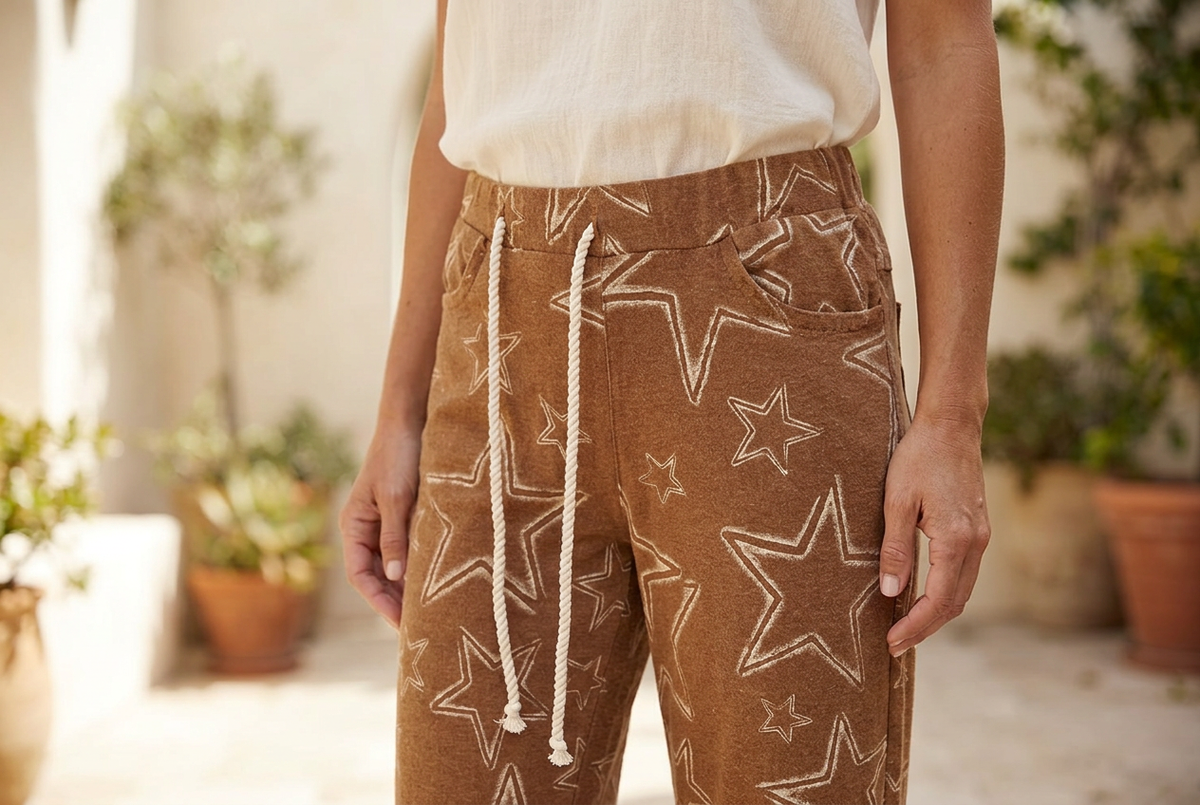 POL Clothing women's rust brown star-print pants, close-up of elastic waistband, cream cords and front pocket
