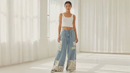 Women's wide-leg patchwork pants with floral hem panels, crinkle fabric, drawstring waist, boho silhouette - BellanBlue