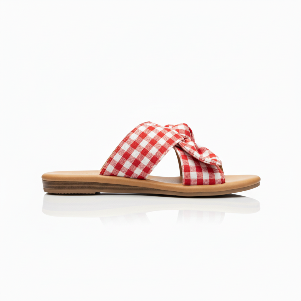 Red and white checkered sandal with a bow on a white background