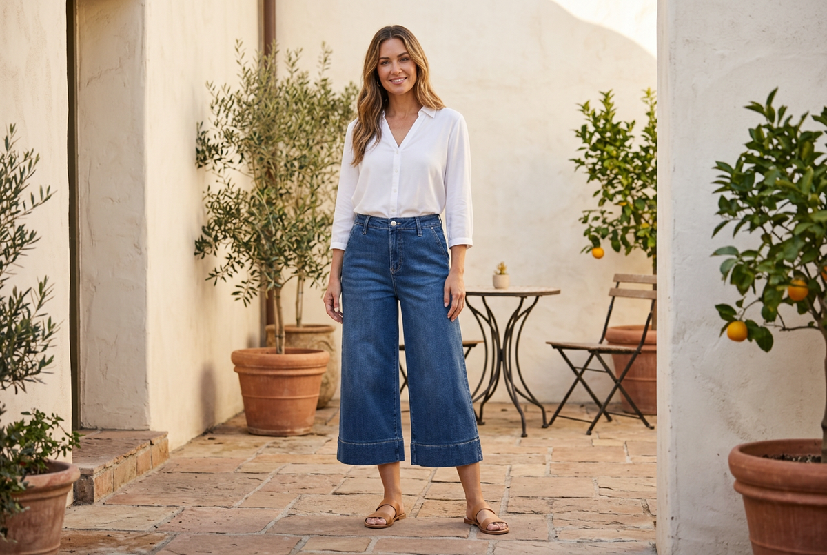 Woman wearing dark wash high-rise wide-leg denim culottes and a white button-down shirt with brown flat sandals in a sunlit stucco courtyard.