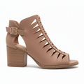 Beige sandal with cut-out design and block heel on a white background