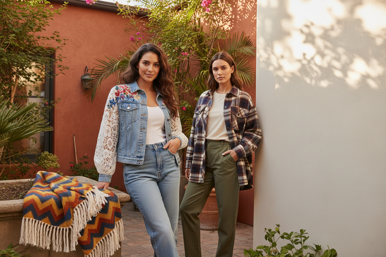Women's sale coats and jackets — floral denim jacket, plaid shacket, and boho kimono wrap styled in a sunny boutique courtyard