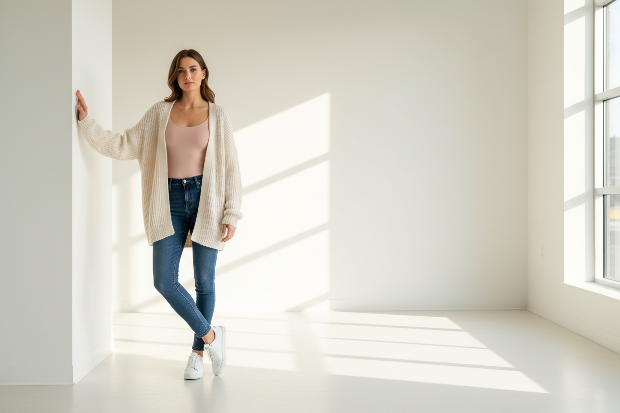 Sale Tops women's ivory ribbed cardigan and blush cami styled with dark jeans in a bright boutique setting

