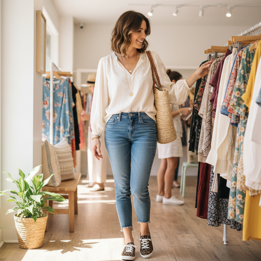 Woman walking through a clothing store with racks of clothes and a plant in the background