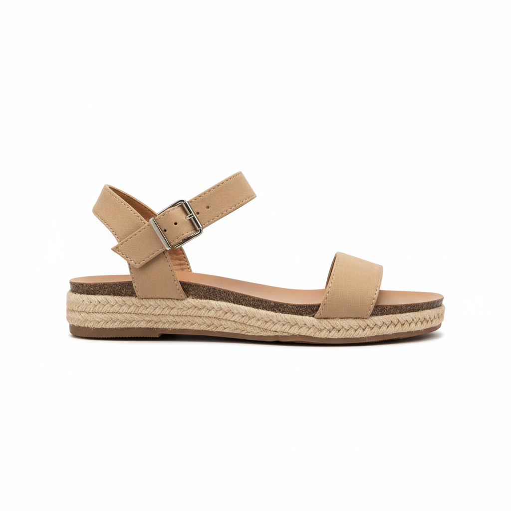 Side profile of beige espadrille sandal