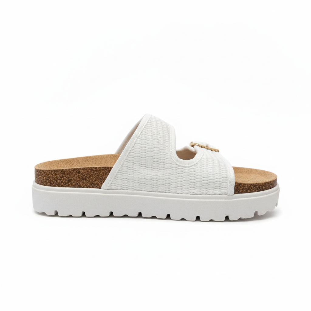 White slide sandal with cork sole on a white background