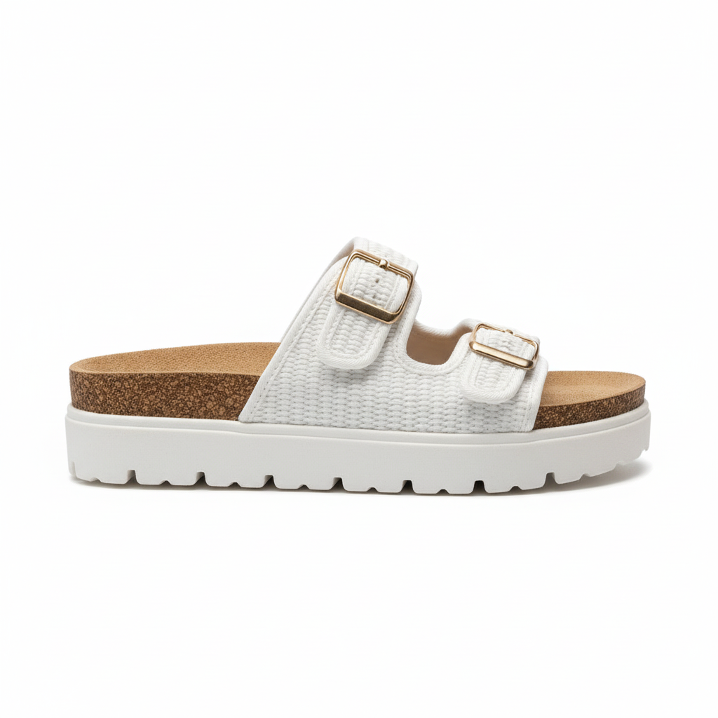 White sandal with gold buckles on a white background