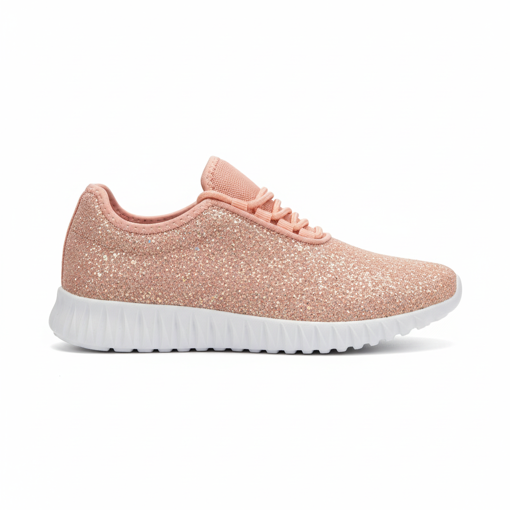 Pink glitter sneaker with white sole on a white background